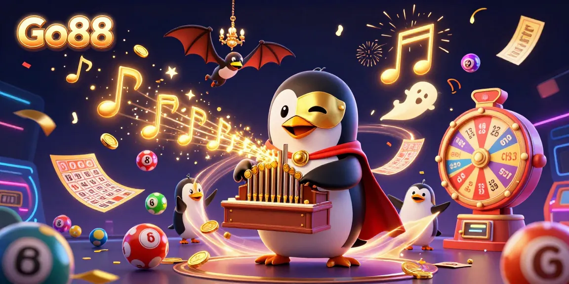 Engage with Go88's vibrant casino adventure featuring an animated penguin and colorful game elements.