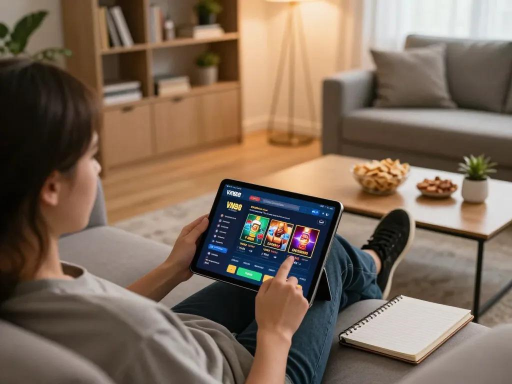 Player engaging with the VN88 online casino app on a cozy sofa, showcasing strategic gaming setup.