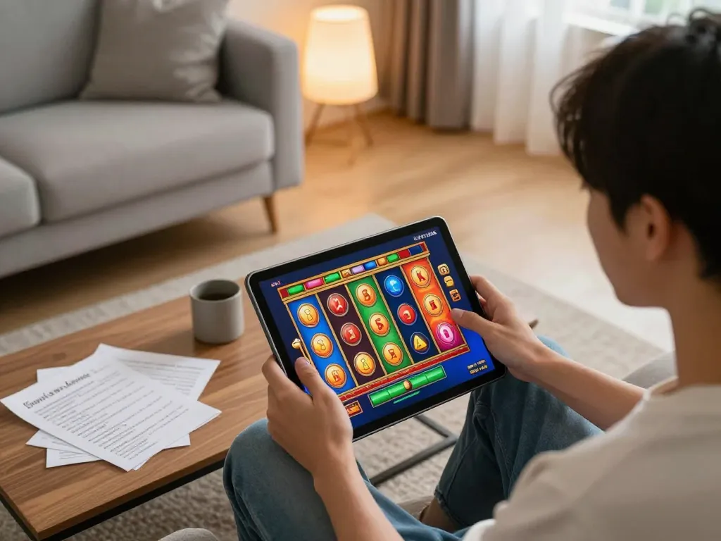 Player enjoying giải mã số học while engaging with an online jackpot slot game on tablet in a cozy living room.