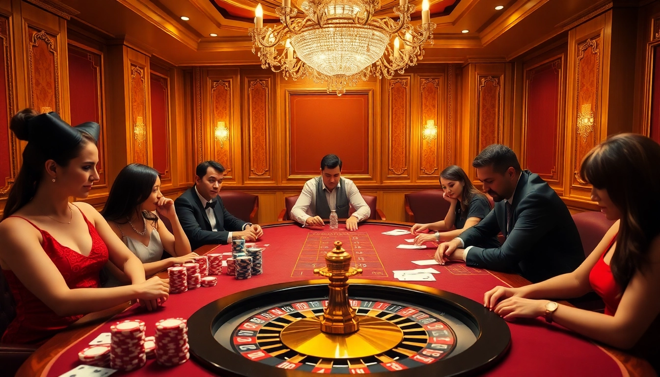 Experience excitement at the casino with https://x88.law/: a vibrant scene of players engaged in poker and roulette.
