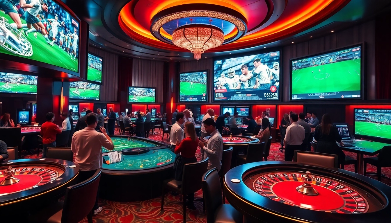Kèo nhà cái 5 vibrant betting scene showcasing gamblers engaged in a luxurious casino.