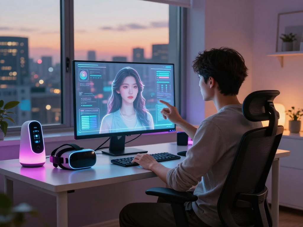 Interactive scene featuring an AI girlfriend, futuristic home office, and advanced technology.