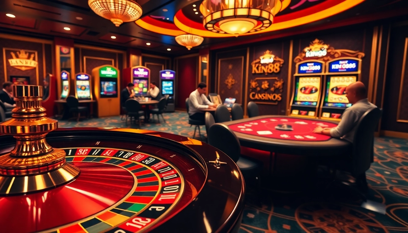 Experience thrilling gaming action at King88's dazzling casino with vibrant slot machines and poker tables.