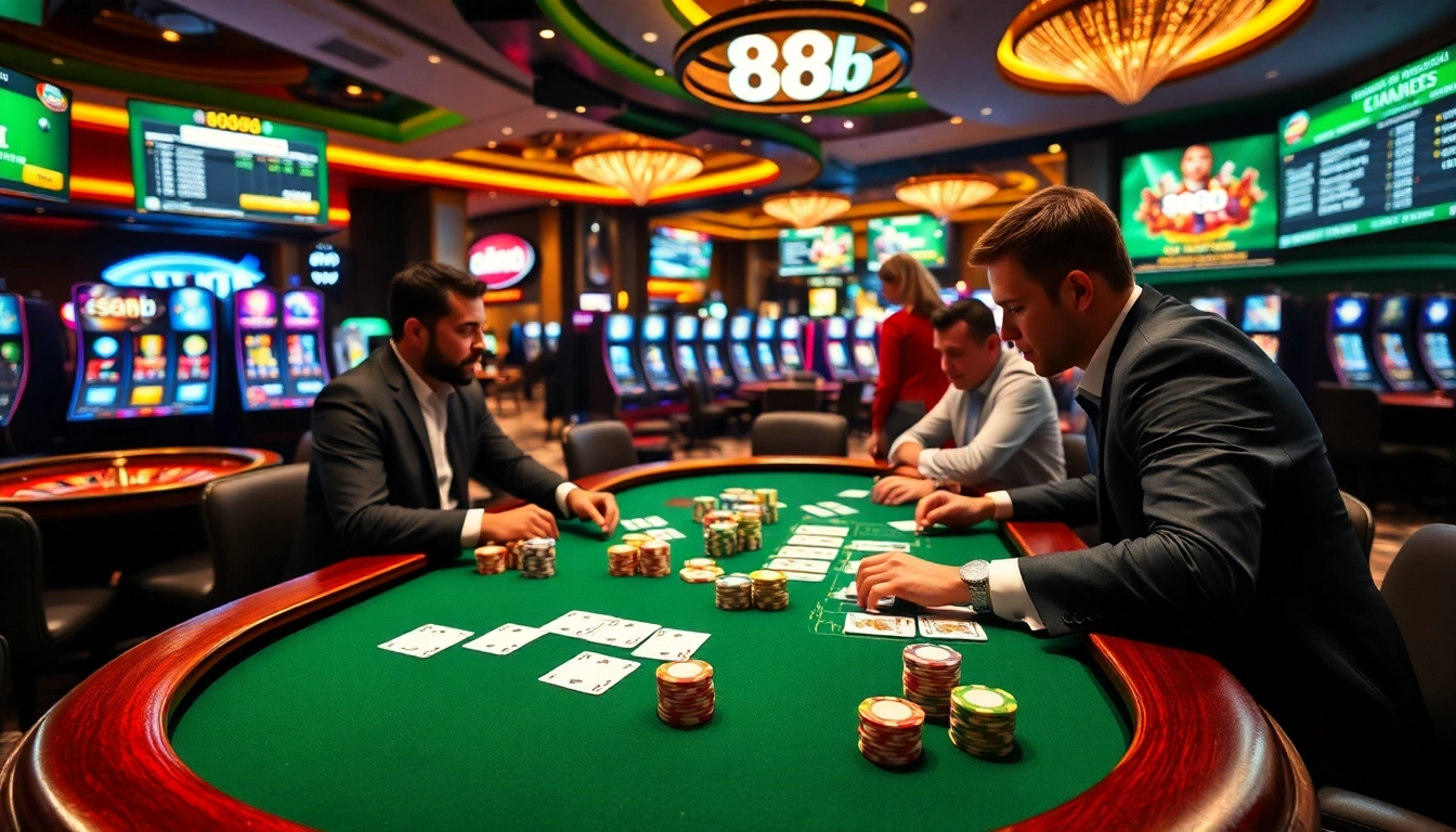 Engaged players at a poker table in a vibrant casino scene showcasing the excitement of 888b.
