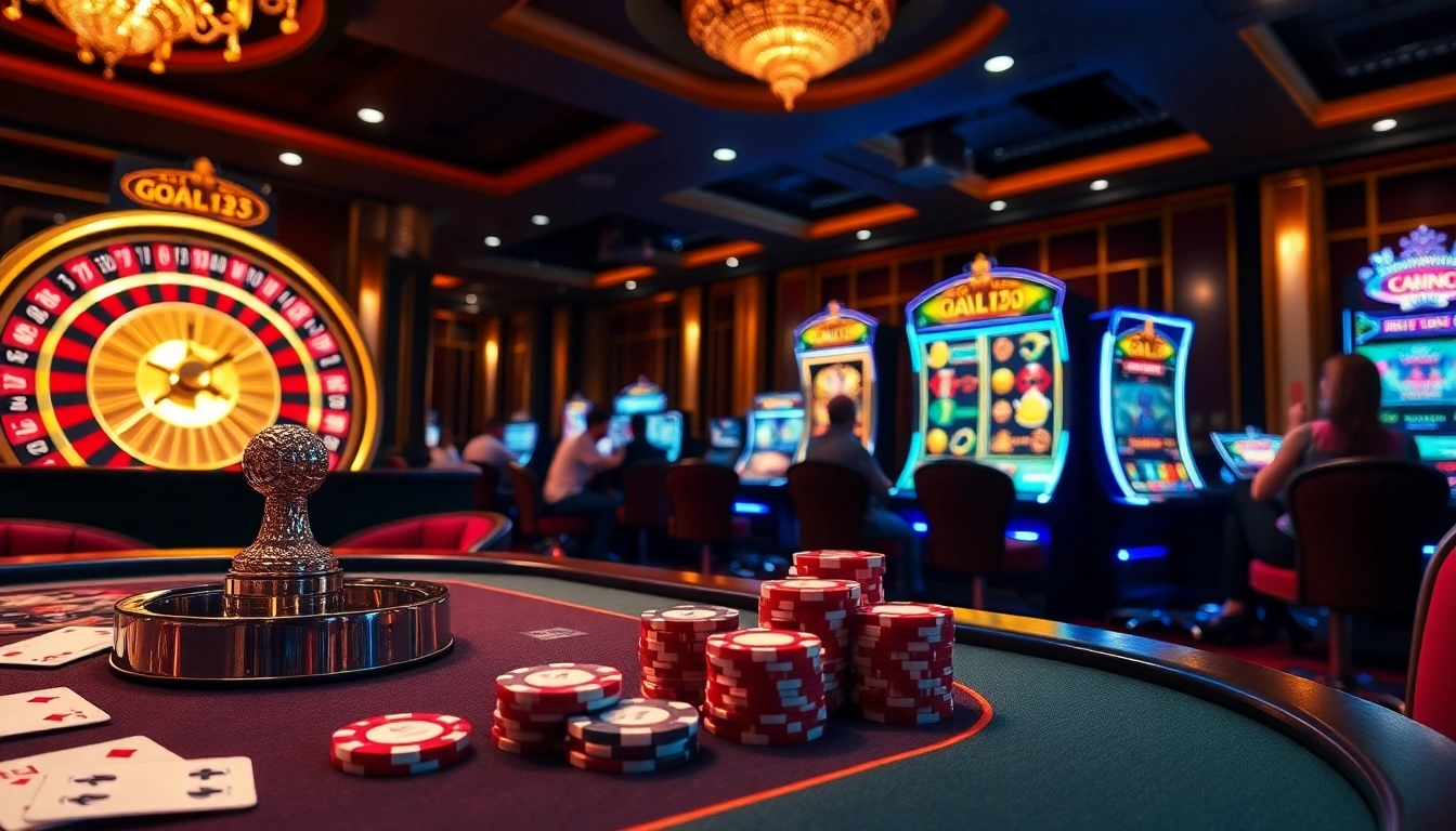 Winning poker players celebrate at Goal123, surrounded by roulette and slot machines in a vibrant casino setting.