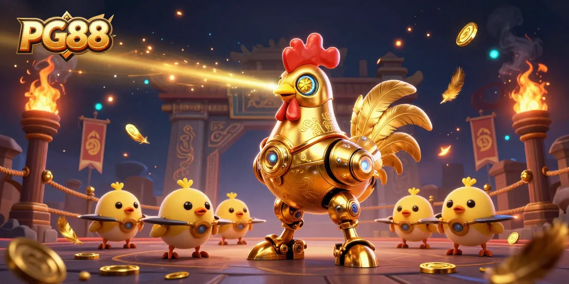 Engage in thrilling moments at PG88 Casino, with golden rooster robot and dynamic baby chick drones amidst gaming symbols.