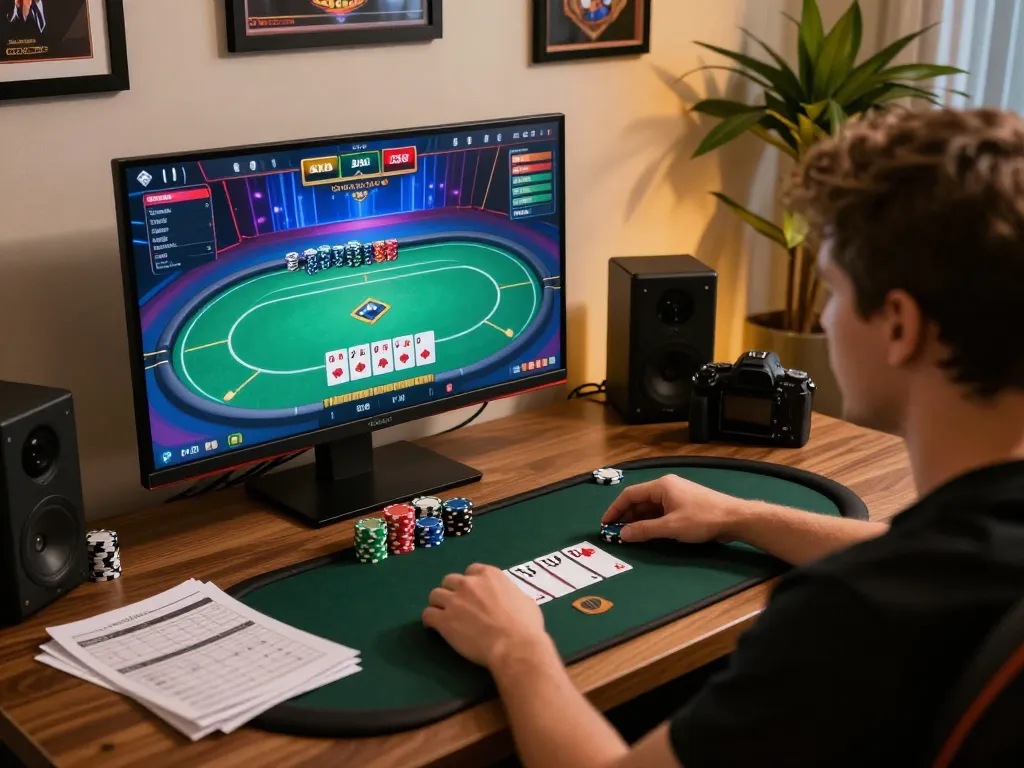 Engaging in online poker gameplay with sc88 while analyzing strategy notes at a modern gaming setup.