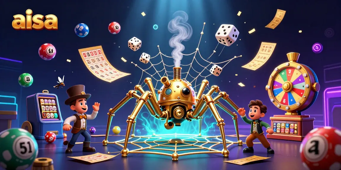 Engage with the vibrant world of aisa through a captivating 3D illustration of a steampunk spider and playful lottery elements.