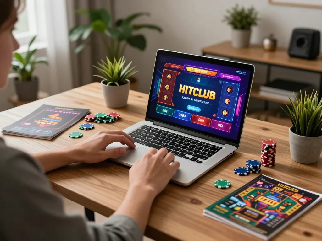 Engaging online gameplay at HITCLUB with laptop displaying casino games and a cozy home atmosphere.