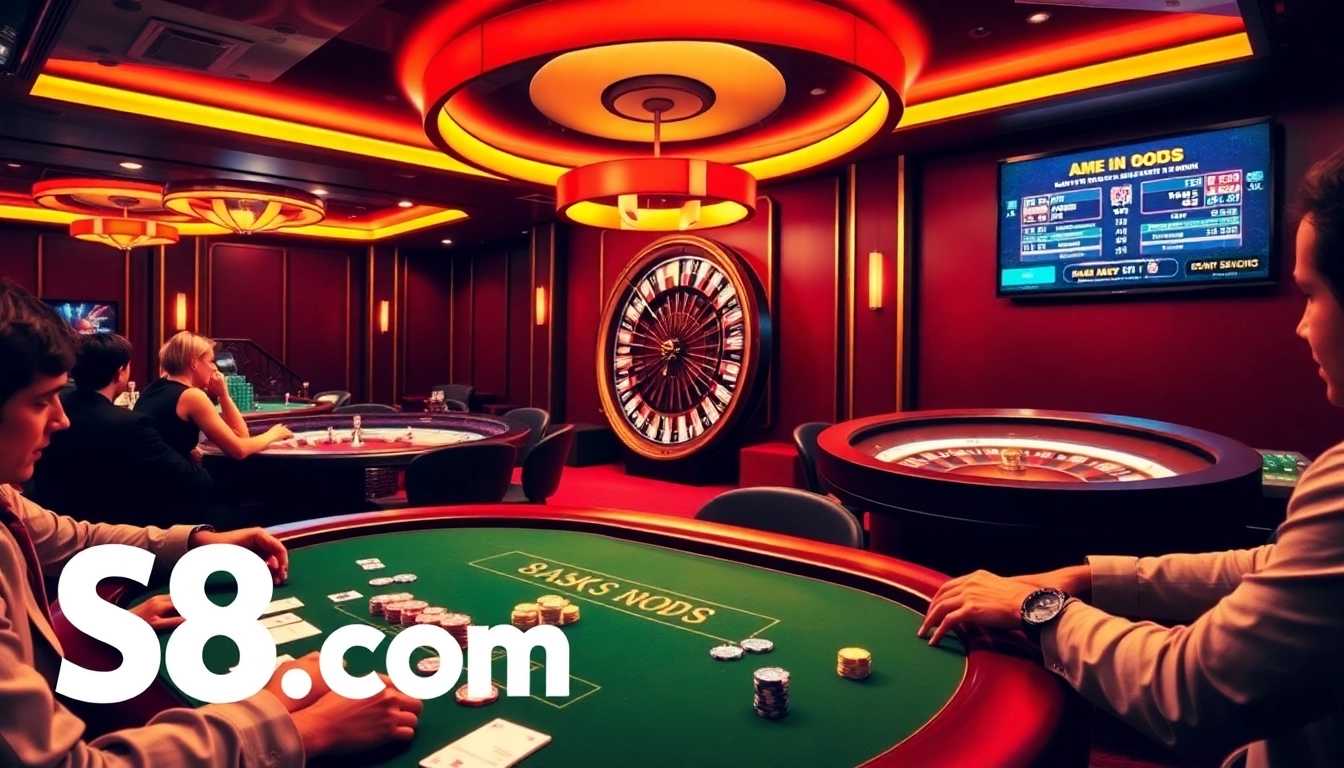 Experience high-stakes excitement at S8.com with vibrant poker tables and roulette wheels.