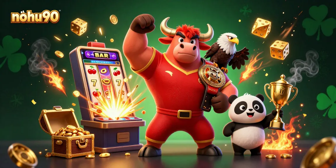 Nohu90 brings excitement with a jackpot explosion of slots and vibrant casino elements in a thrilling 3D illustration.