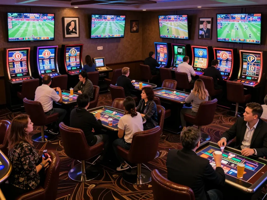 Hello88 bettors engaged in exciting sports betting at a luxurious casino environment