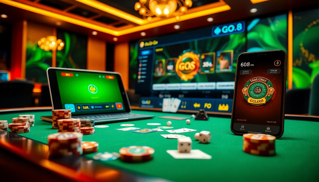 Experience the thrill of gambling with Trang Chủ Go8's modern gaming interface and vibrant casino elements.
