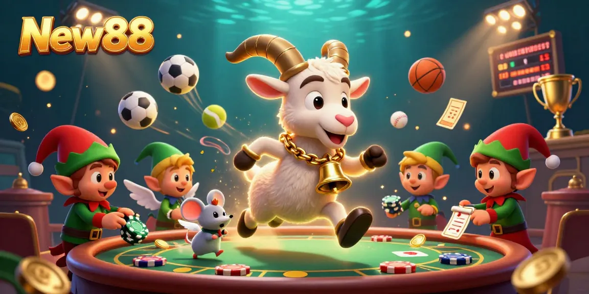 New88 transforms gaming with an energetic scene of a festive Krampus goat casino amidst sports elements, captivating gamblers.