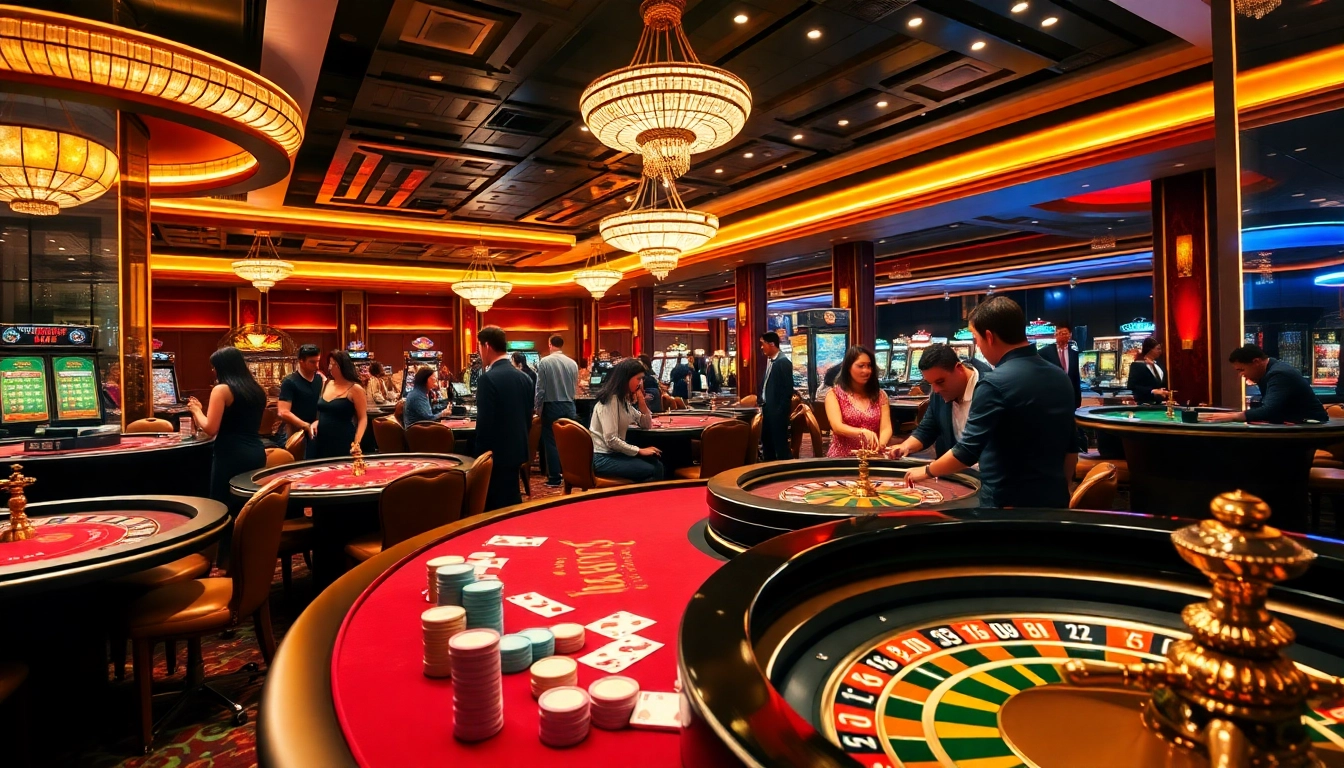 Experience high-stakes gaming with nohu-inspired luxury at this vibrant casino scene featuring poker and roulette.