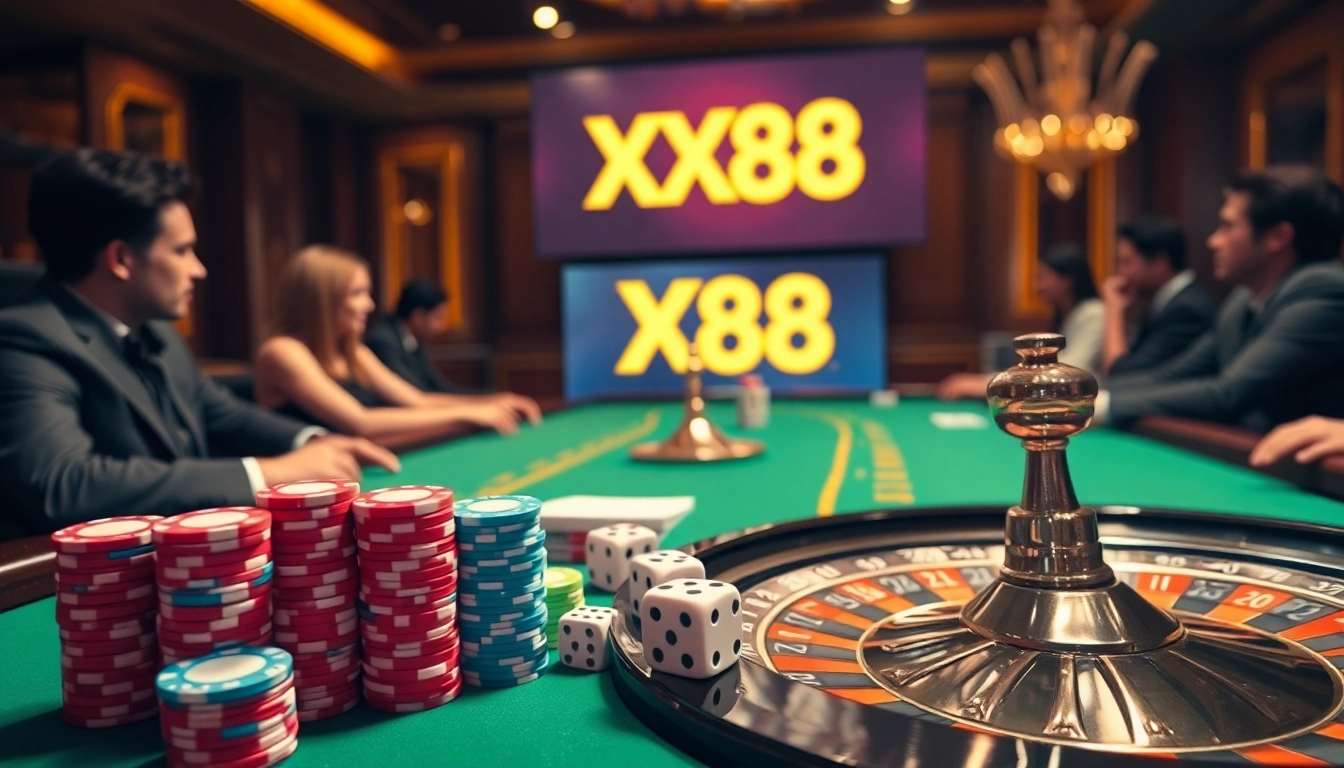 Players enjoying high-stakes poker with vibrant XX88 branding and colorful chips.