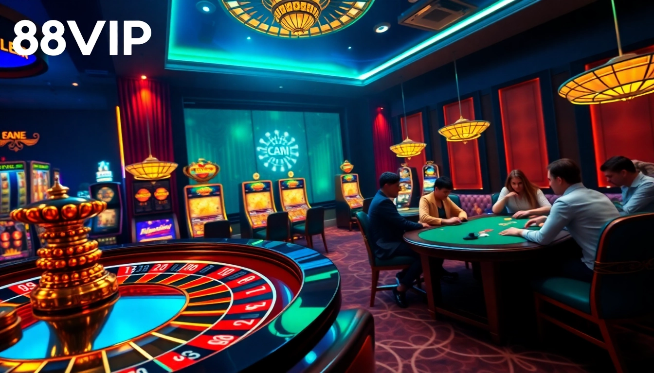 Players enjoying high-stakes games at 68VIP casino with vibrant roulette and poker tables.
