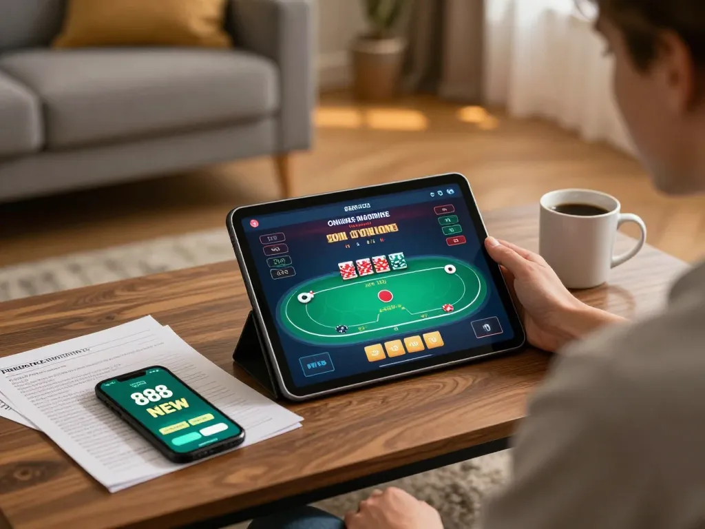 Engaging gameplay on 888 NEW app displayed on tablet in cozy home setting, emphasizing responsible gambling