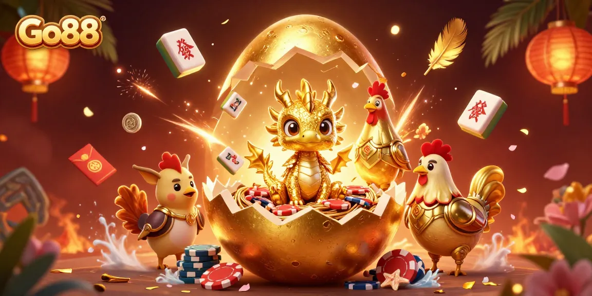 Experience thrilling action at Go88 with a colossal golden egg revealing a dragon amidst vibrant casino elements.