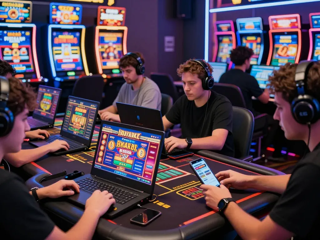 Exciting online gaming experience at F168 with diverse players and vibrant casino games on multiple devices.