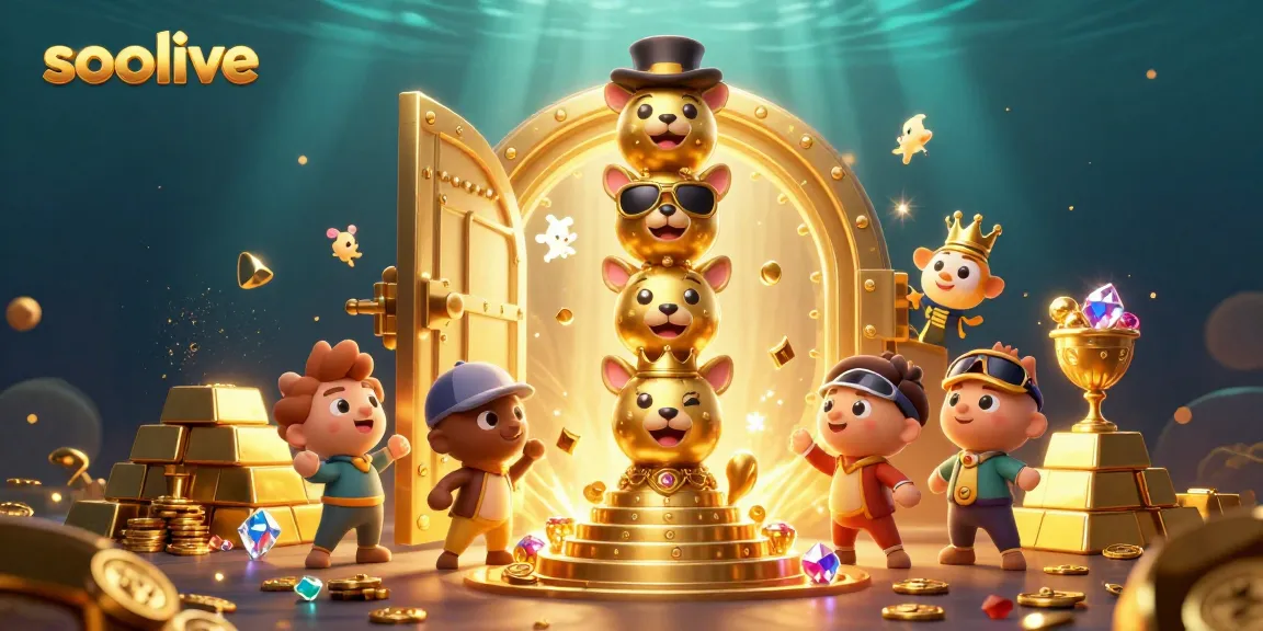 Experience the excitement of socolive with vibrant casino-themed characters amidst golden treasures in this 3D illustration.
