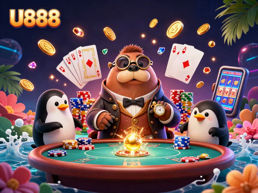 U888 players strategize at an underwater poker table with vibrant casino elements.