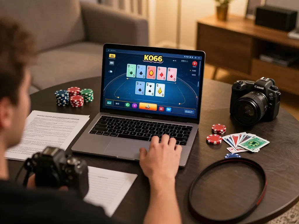 Playing with KO66 online poker while analyzing strategy notes at home