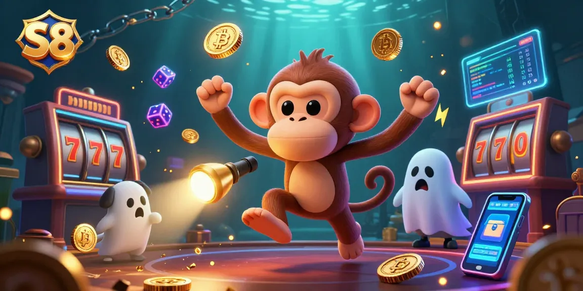 S8 players enjoy slots with a mischievous ghost monkey while navigating a haunted casino.