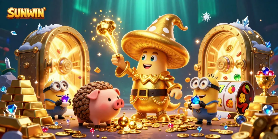 SUNWIN players winning big with highlighted treasures and magical characters in a 3D casino scene.