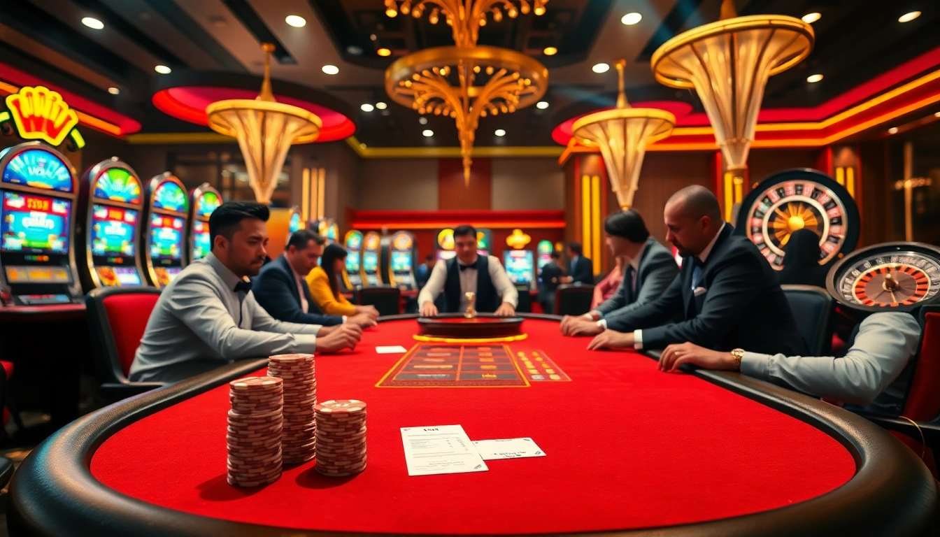 Engaged players at a professional poker table at 32WIN casino showcasing excitement and high-stakes gameplay.