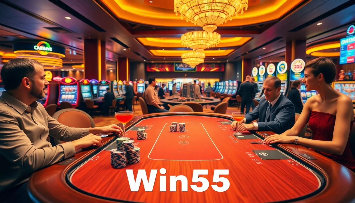 Win55 players enjoying a poker game surrounded by luxurious casino elements.