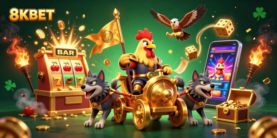 Experience excitement with 8KBET's vibrant 3D illustration featuring a rooster warlord and thrilling casino elements.