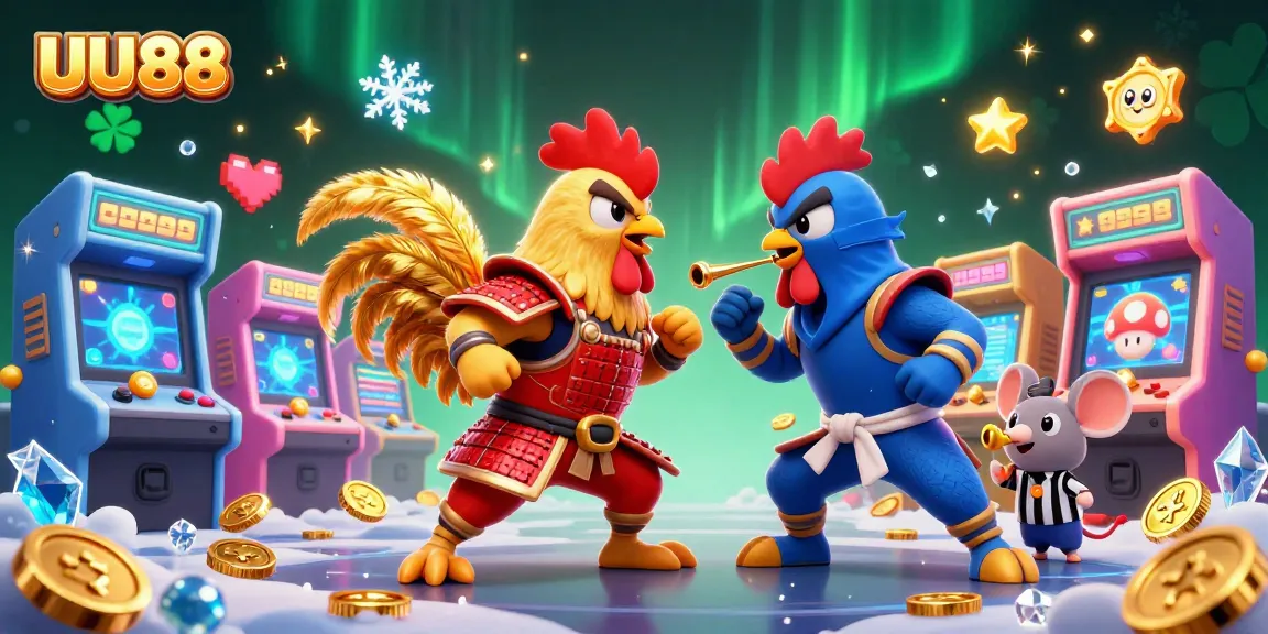 Engage in thrilling action at UU88 with dynamic cartoon roosters in a casino showdown.