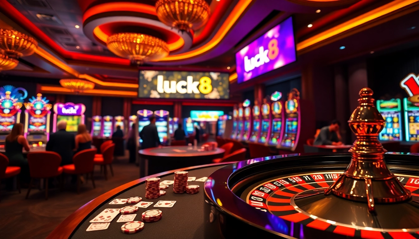Players enjoying a thrilling casino atmosphere at luck8 with vibrant poker chips and roulette wheel.
