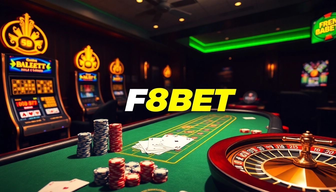 F8BET logo displayed with casino excitement featuring poker chips and vibrant gaming elements.
