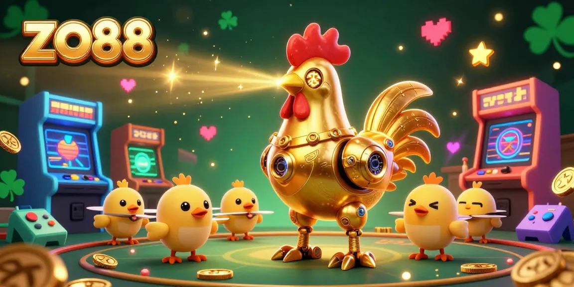 Experience the thrill at zo88 casino with the golden rooster robot and baby chick drones in a vibrant game scene.