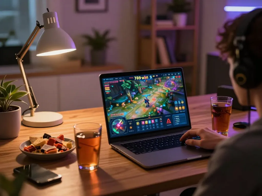 Engaging online gaming session with game 789win displayed on laptop screen in a cozy home setup.