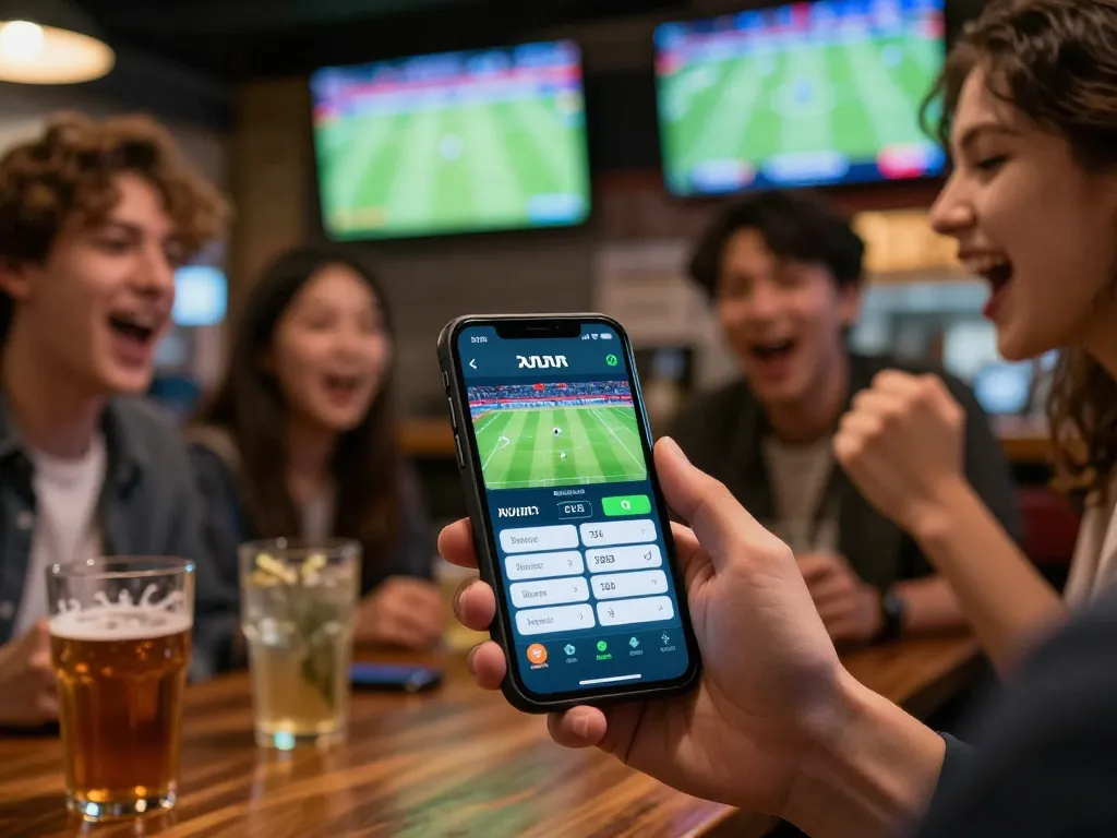 Placing a แทงบอล bet on smartphone during a live football game in vibrant sports bar.