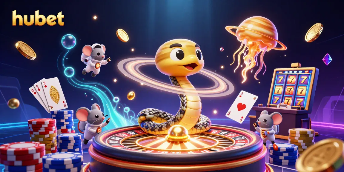 Engage with hubet's exciting cosmic casino scene featuring a whimsical Saturn snake and dynamic betting action.
