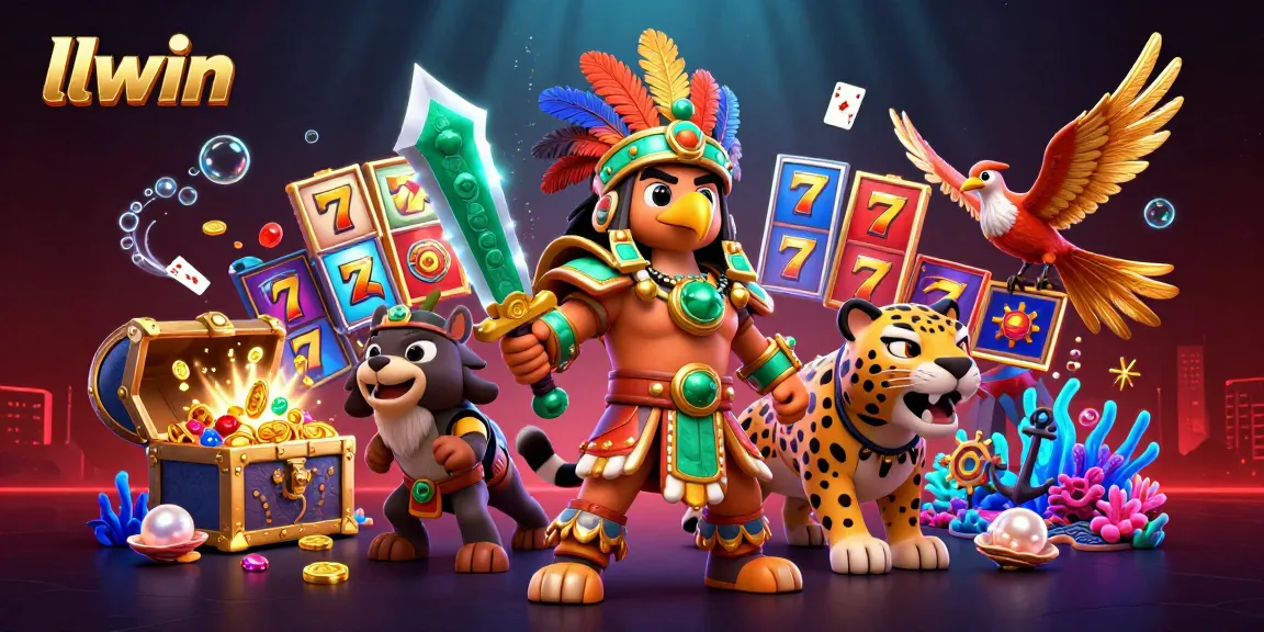 Engage with llwin's vibrant gaming scene featuring dynamic slot elements, characters, and treasures.