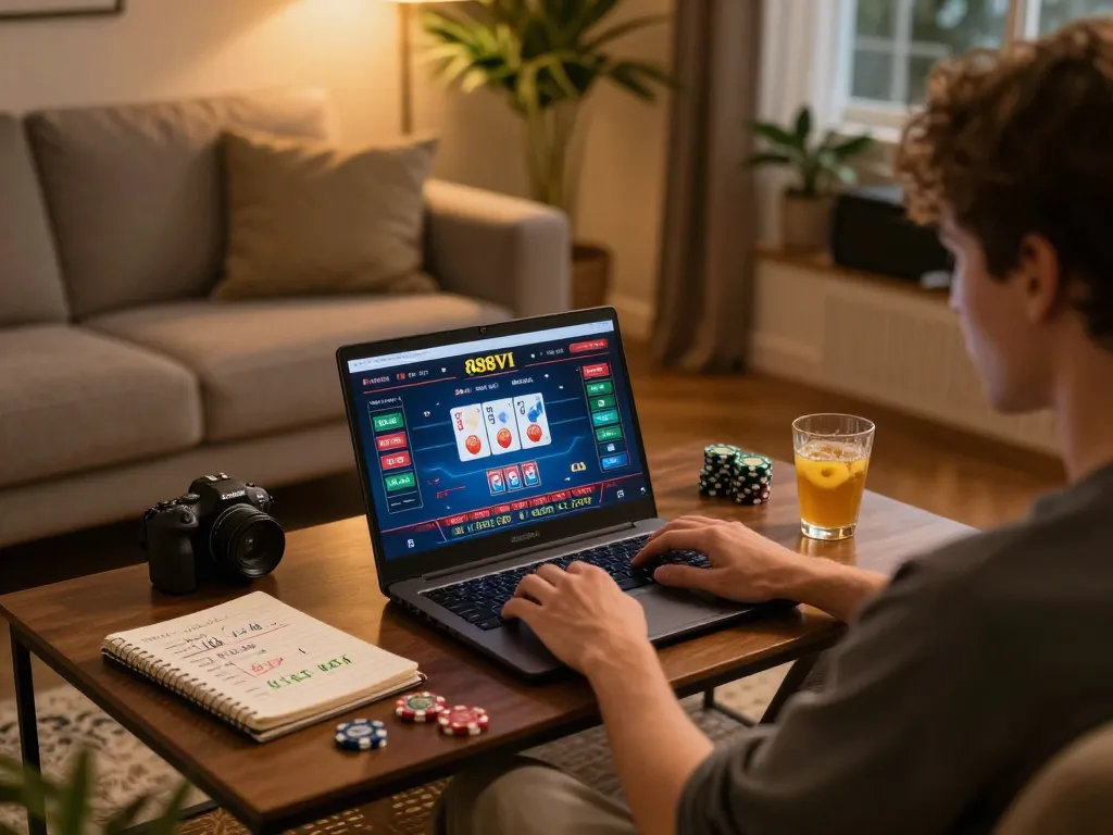 Player engaging in online casino gaming with 888VI interface on laptop, showcasing strategic gameplay.