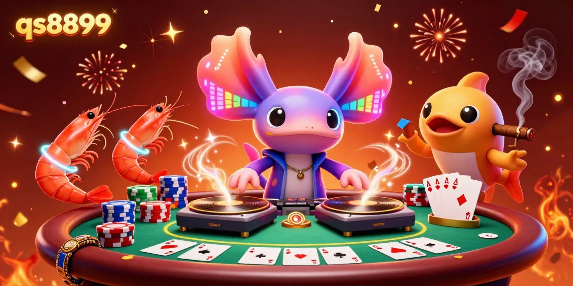 qs8899 showcases a vibrant casino scene with a neon axolotl DJ and colorful poker elements.