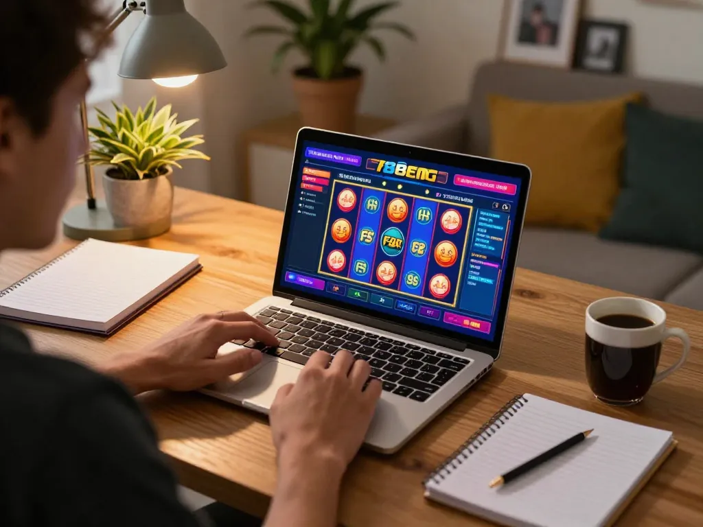 Player enjoying F8bet online slots on a cozy laptop setup, highlighting strategic gaming.