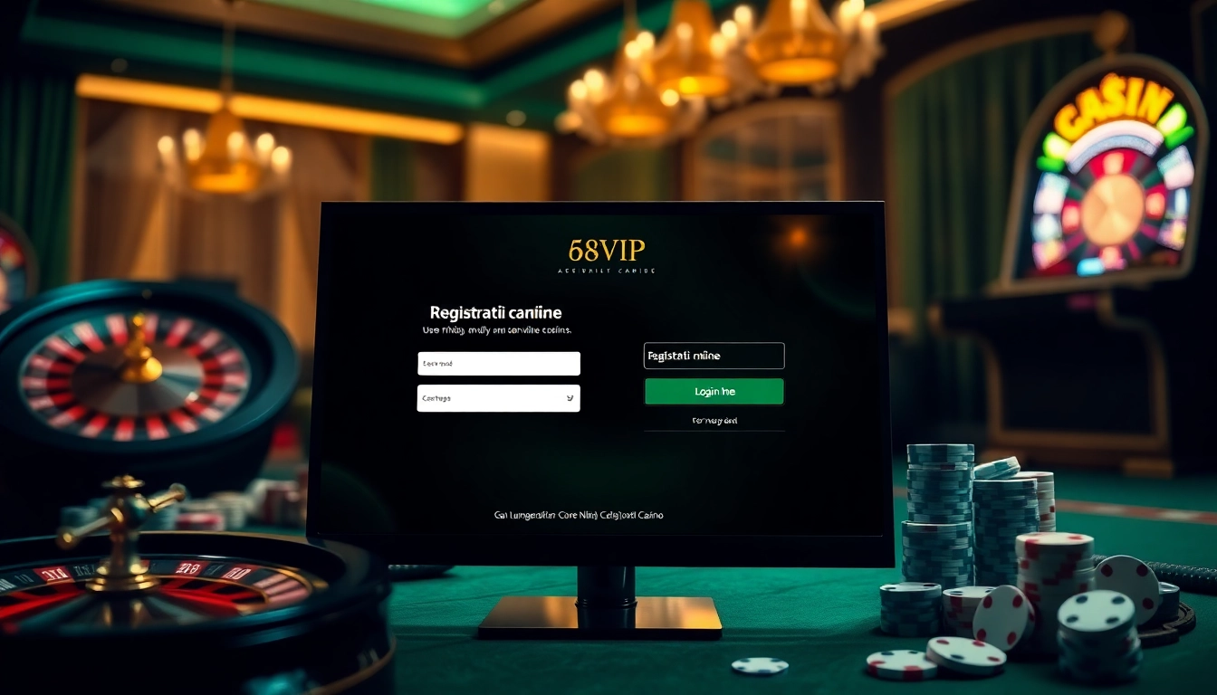Engage in Đăng Nhập Nhà Cái 68VIP with a sleek online casino interface featuring poker chips and a roulette wheel.