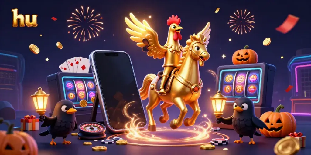 Experience hu's thrilling vibes with golden rooster characters illuminating the casino atmosphere.