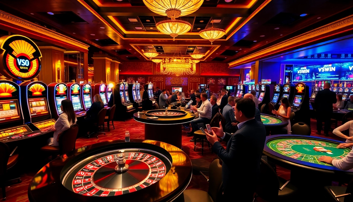 Exciting casino action at VSWIN with players celebrating their wins at roulette and poker tables.