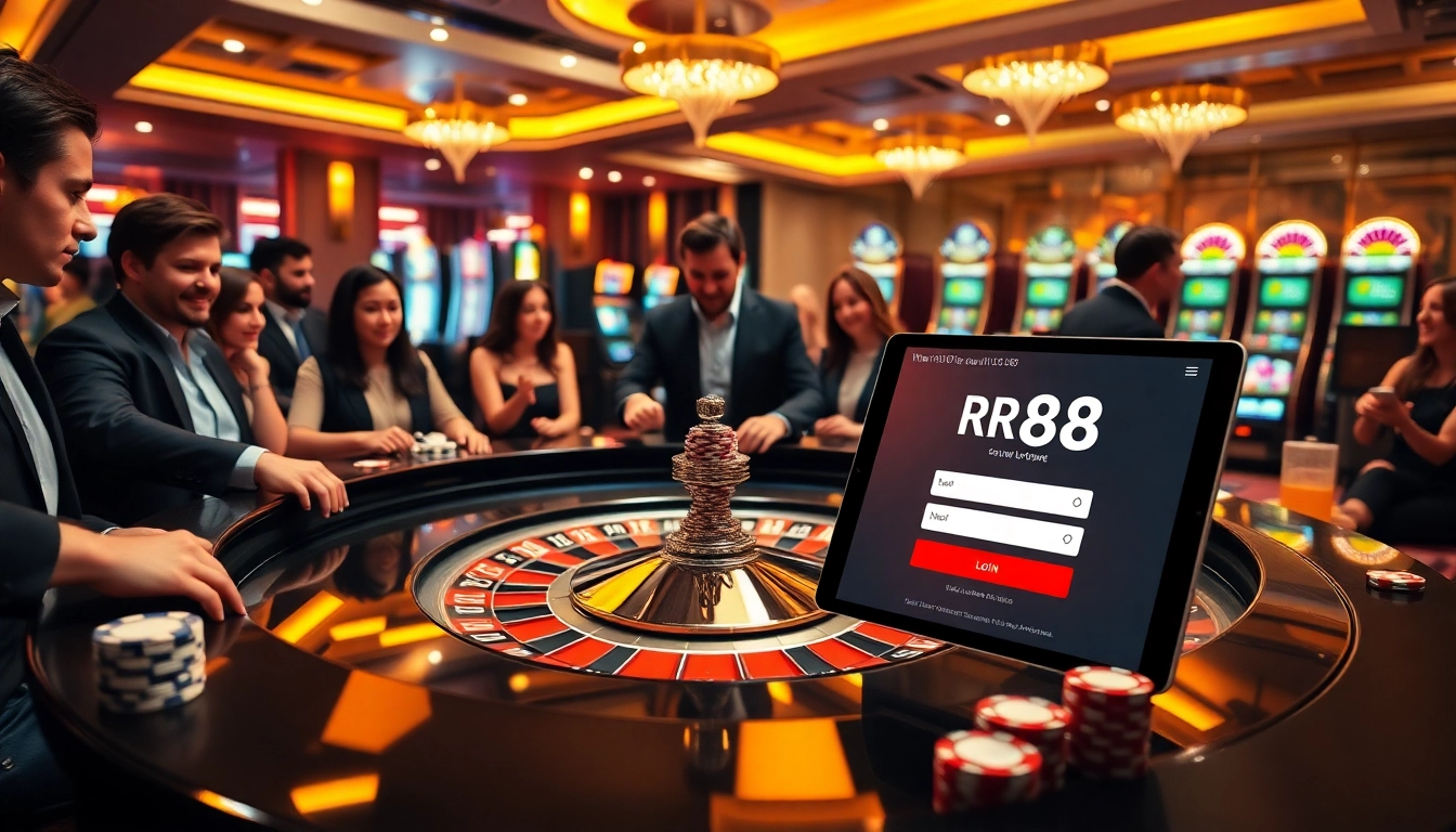 rr88 dang nhap scene with a sleek roulette table and vibrant gamblers in an exciting casino atmosphere