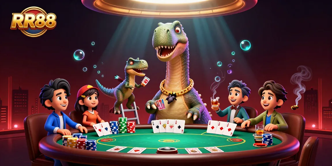 Experience exciting moments at RR88 casino with a towering brontosaurus overseeing a lively poker game.