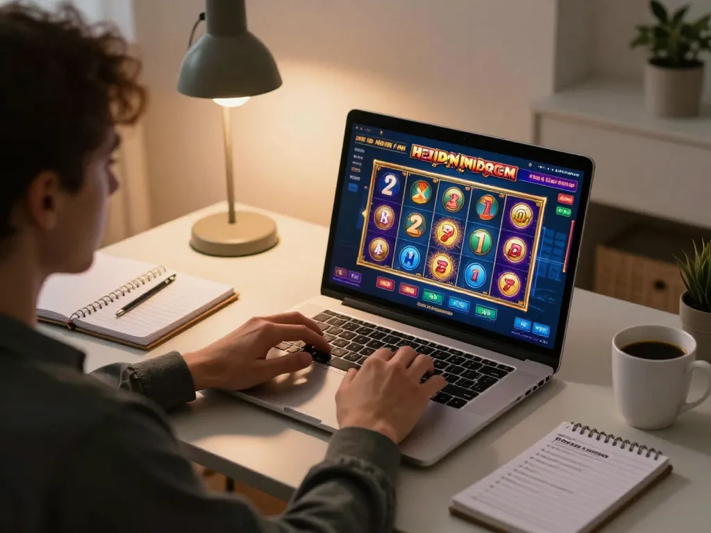 Kaya88 player enjoying online slots on a laptop in a cozy home environment
