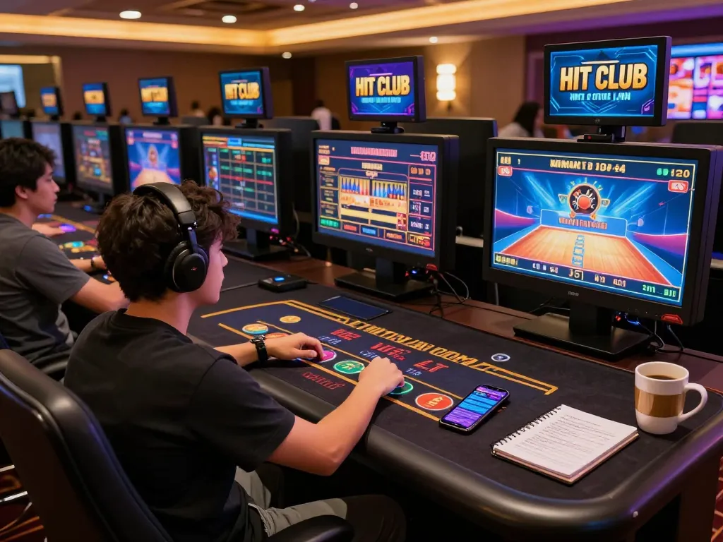 Player engaging in live dealer games at HIT CLUB with smartphone and gaming setup